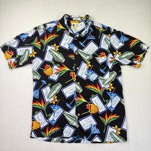 VTG Cocktail Tiki Tropical Shirt Barware Retro M.E. Sport Size M Men Black Rayon